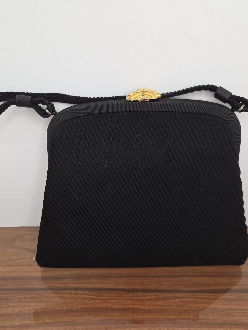 Art Deco 1940s Black Accordion Pleated Fabric Gold Tone Clasp Clear Crystals